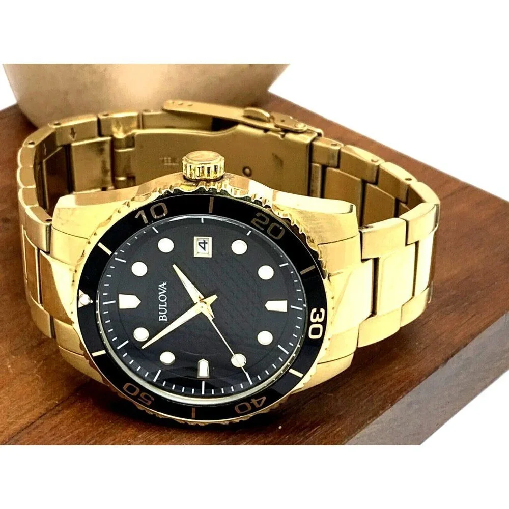 Bulova Men's Watch 98B375 Quartz Black Dial Date Gold Stainless Steel 43…